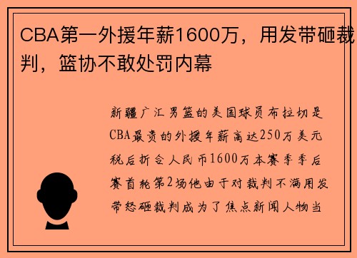 CBA第一外援年薪1600万，用发带砸裁判，篮协不敢处罚内幕