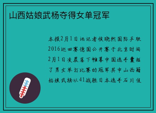 山西姑娘武杨夺得女单冠军