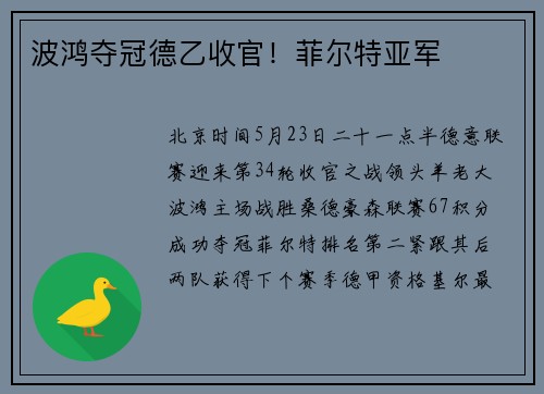 波鸿夺冠德乙收官！菲尔特亚军