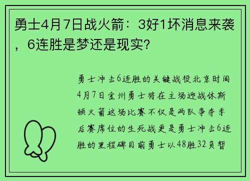 勇士4月7日战火箭：3好1坏消息来袭，6连胜是梦还是现实？